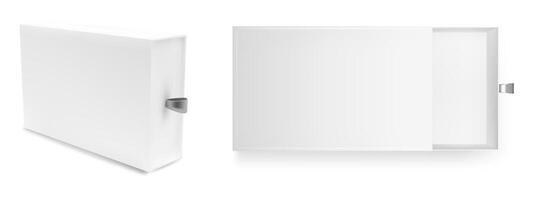 Gift slide box mockup. White cardboard drawer open package template set. Blank carton matchbox top view and close layout mock up. Luxury sliding jewelry pack presentation. Rectangle wrapper case vector