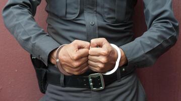 Police demonstrate the use of handcuffs photo