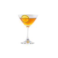 Sazerac glass short and sturdy containing a rich amber hued cocktail accented by a fragrant png