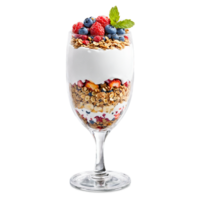 Granola yogurt parfait layered and colorful tumbling and revealing each layer with a spoon diving png