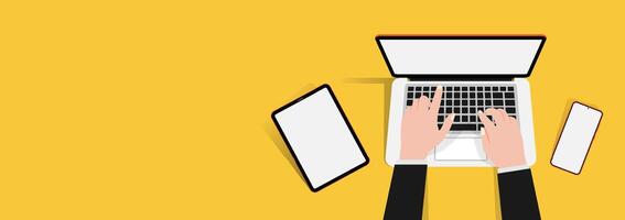 Businessman using gadget for daily activities from above view with laptop, tablet and smartphone vector