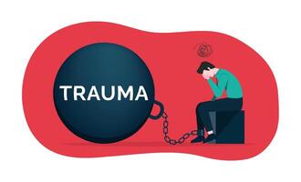 A man chained to a burden of trauma. Psychological burden, alone in pain and suffering. Trauma as a heavy weight in life vector