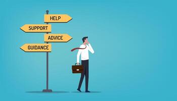 Help, support, advice, guidance signpost with four arrows. Great for topics like frequently asked questions, customer support etc. vector