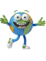 3D style cartoon character of a happy Earth isolated against a transparent background png