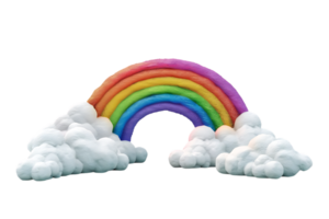 3D style rainbow with clouds, isolated against a transparent background png