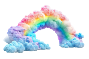 3D style rainbow with clouds, isolated against a transparent background png