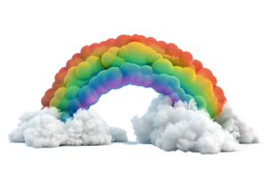 3D style rainbow with clouds, isolated against a transparent background png