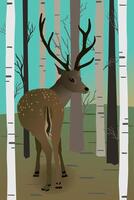 A digital illustration of a deer in the forest. You see the animal from its behind and it looks backwards at you. It's a male deer with antlers. He stands in between birch trees. vector