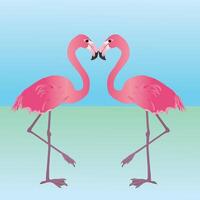 An illustration of two pink flamingos. They are holding one leg up and mirror each other vector