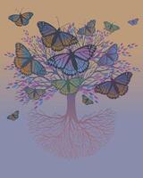A tree of life, also called yggdrasil, with purple butterflies in the crown. The roots of the tree are visible. vector