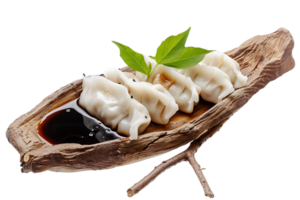 Dumplings with soya sauce on a branch, isolated against a transparent background png