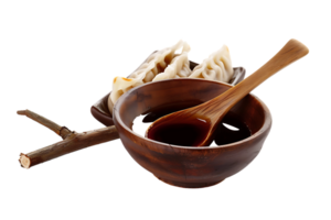 Dumplings with soya sauce on a branch, isolated against a transparent background png