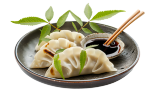 Dumplings with soya sauce on a branch, isolated against a transparent background png