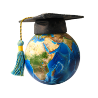 Earth globe with a graduation cap, isolated against a transparent background png