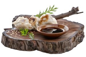 Dumplings with soya sauce on a branch, isolated against a transparent background png