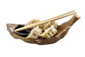 Dumplings with soya sauce on a branch, isolated against a transparent background png