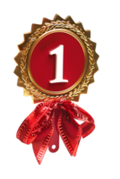 First place ribbon badge with 1 on it, isolated against a transparent background png