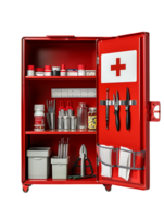 first aid wall cabinet with products, isolated against a transparent background png