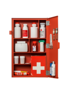 first aid wall cabinet with products, isolated against a transparent background png