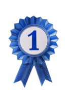 First place ribbon badge with 1 on it, isolated against a transparent background png