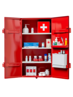 first aid wall cabinet with products, isolated against a transparent background png