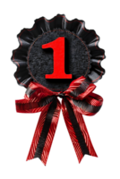 First place ribbon badge with 1 on it, isolated against a transparent background png
