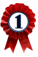 First place ribbon badge with 1 on it, isolated against a transparent background png
