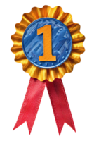 First place ribbon badge with 1 on it, isolated against a transparent background png
