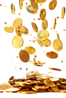 gold coins falling onto a pile, isolated against a transparent background png