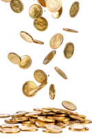 gold coins falling onto a pile, isolated against a transparent background png
