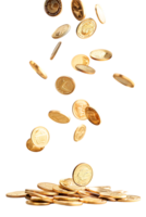 gold coins falling onto a pile, isolated against a transparent background png