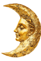 golden crescent moon with a face, isolated against a transparent background png