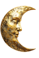 golden crescent moon with a face, isolated against a transparent background png