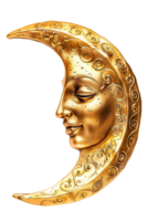 golden crescent moon with a face, isolated against a transparent background png