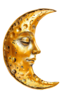 golden crescent moon with a face, isolated against a transparent background png