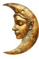 golden crescent moon with a face, isolated against a transparent background png
