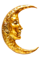 golden crescent moon with a face, isolated against a transparent background png