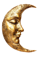 golden crescent moon with a face, isolated against a transparent background png