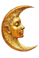 golden crescent moon with a face, isolated against a transparent background png
