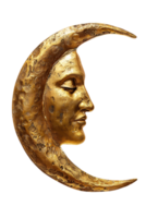 golden crescent moon with a face, isolated against a transparent background png