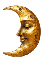 golden crescent moon with a face, isolated against a transparent background png