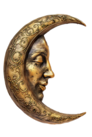 golden crescent moon with a face, isolated against a transparent background png