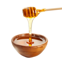 Honey stick and bowl of pouring honey, isolated against a transparent background png