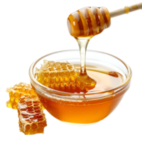 Honey stick and bowl of pouring honey, isolated against a transparent background png