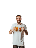 Joyful guy with two beer mugs, pictured against a transparent background png