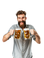 Joyful guy with two beer mugs, pictured against a transparent background png