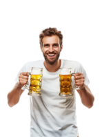Joyful guy with two beer mugs, pictured against a transparent background png