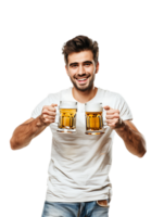 Joyful guy with two beer mugs, pictured against a transparent background png