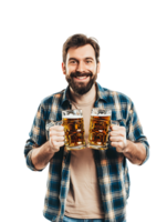 Joyful guy with two beer mugs, pictured against a transparent background png