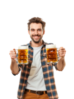 Joyful guy with two beer mugs, pictured against a transparent background png